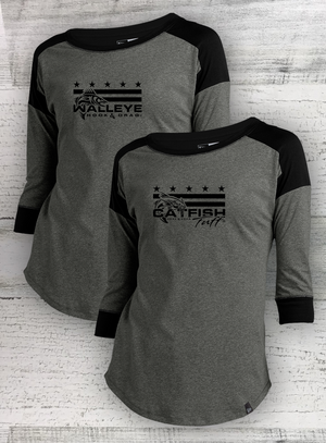 HD Fish - Mericana -Ladies Heritage Blend Black Twist 3/4-Sleeve Baseball Raglan Tee - Catfish, Walleye, Crappie, Bass